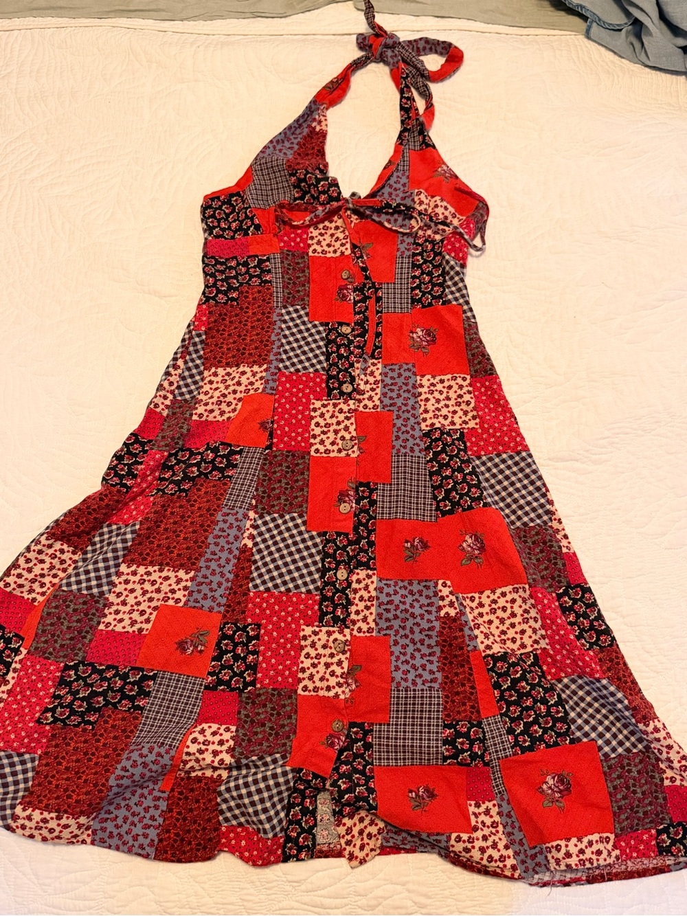 Cider Patchwork Halter Midi Dress in Red & Black
